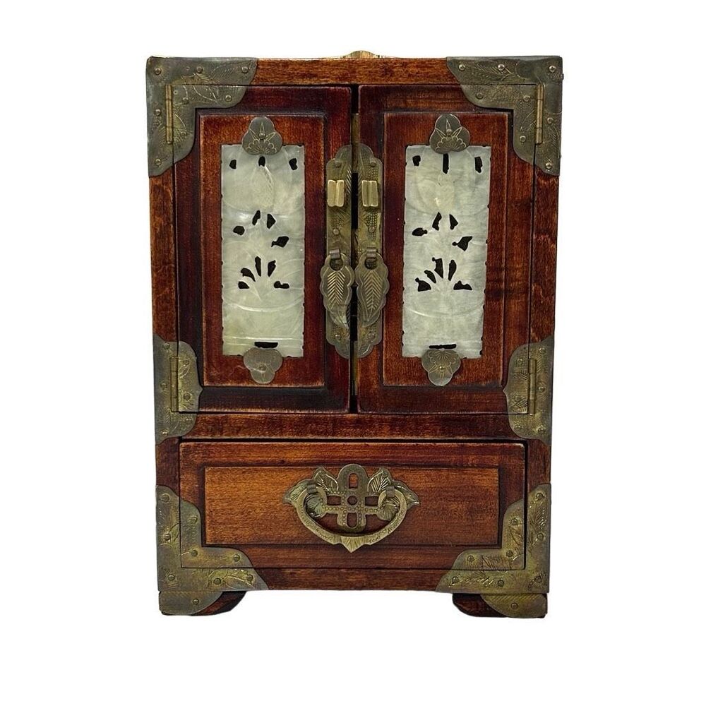 Vtg Chinese Rosewood Jewelry Box 7.5" Brown Wood With Brass & Carved Jade Detail
